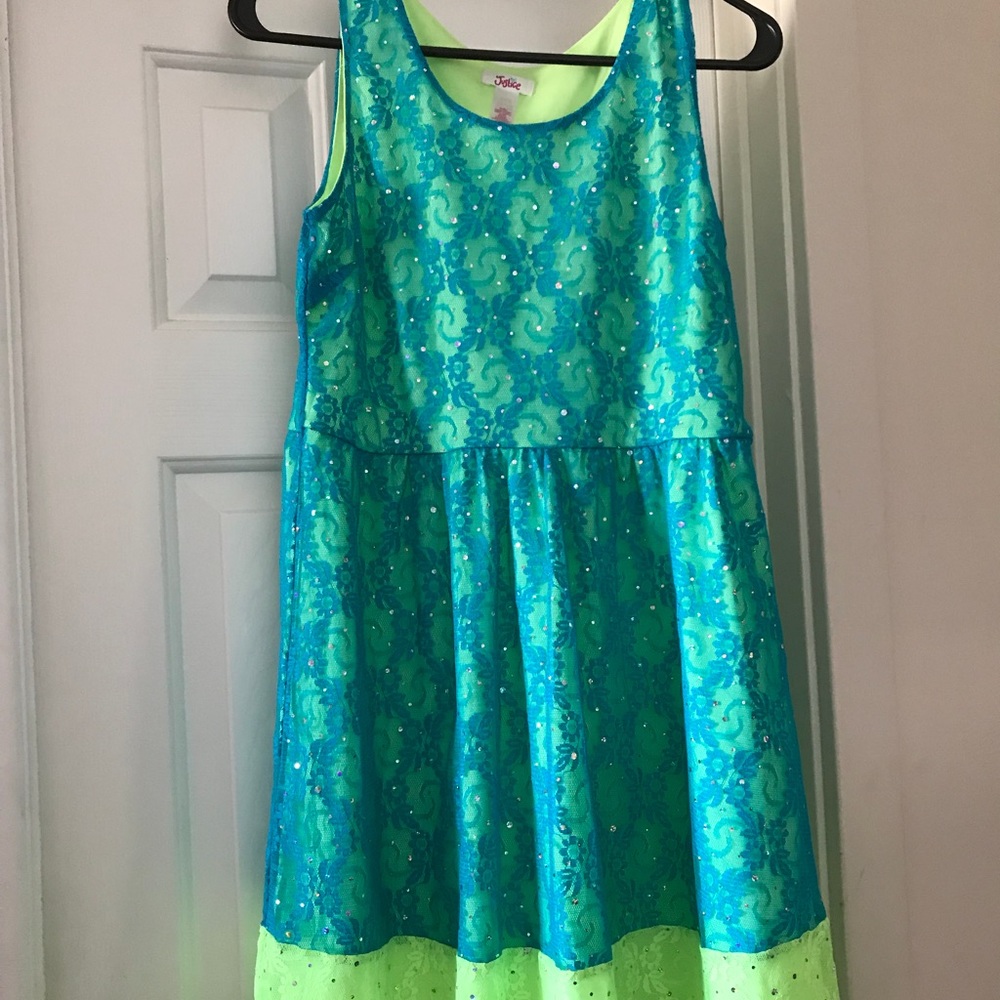 Justice blue, green and lace dress.